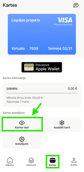 Kartes dati Mynt lietotnē