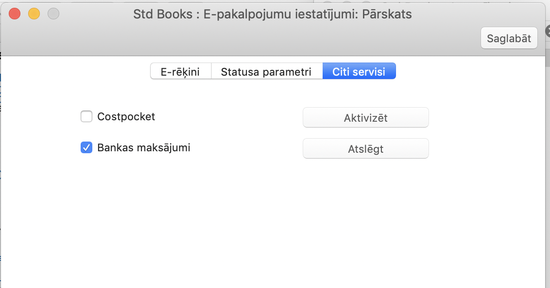 CostPocket aktivizēšana iekš Standard Books vai ERP