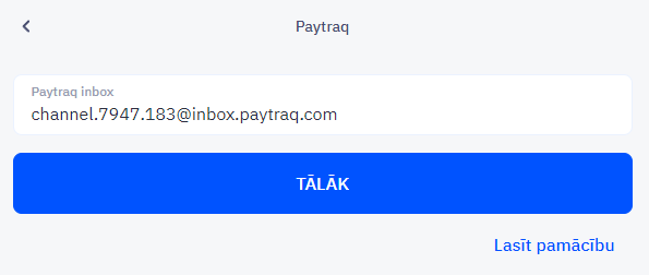 Paytraq integrācijas e-pasta adreses logs aizpildīts