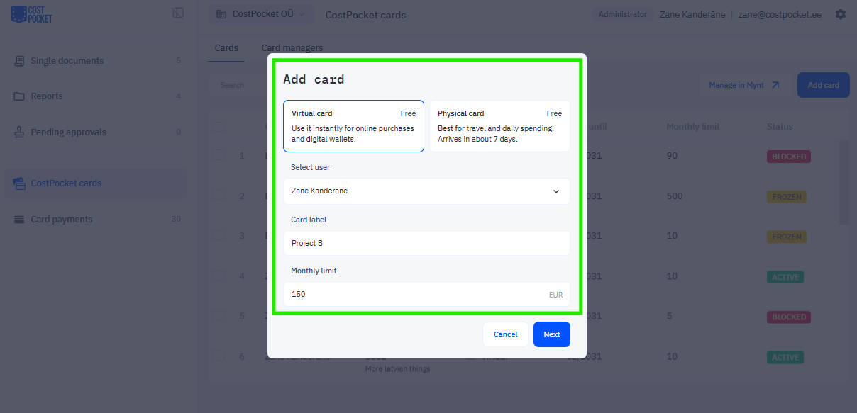 Add new card from CostPocket