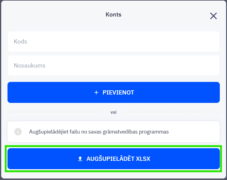 Augšupielādē eksportēto XSLX failu ar kontiem Augšupielādē eksportēto XSLX failu ar kontiem