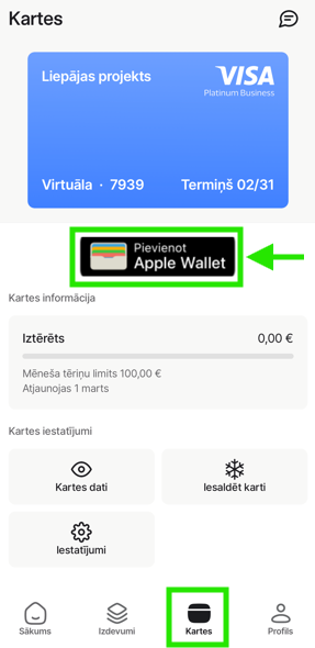 Pievieno karti Google wallet vai Apple wallet izmantojot Mynt lietotni.