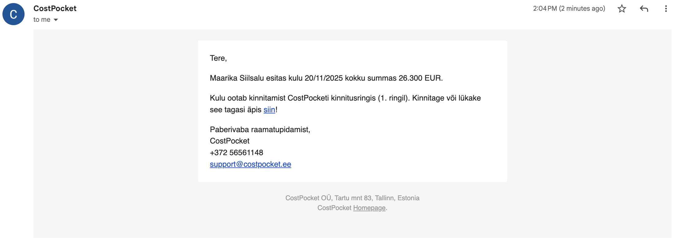 Kinnitusringi email kinnitaja meilboksis.