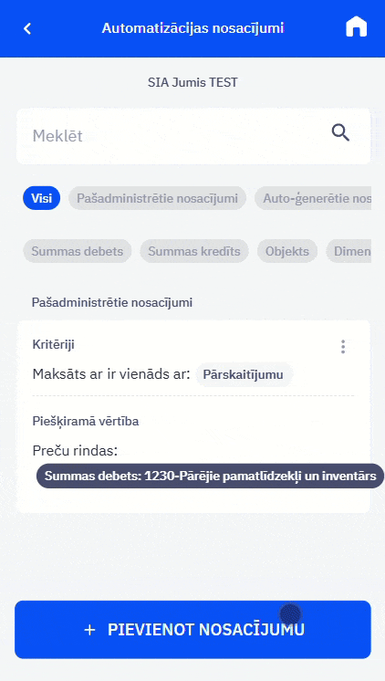 Grāmatvedības automatizācijas manuāla nosacījuma izveidošana.
