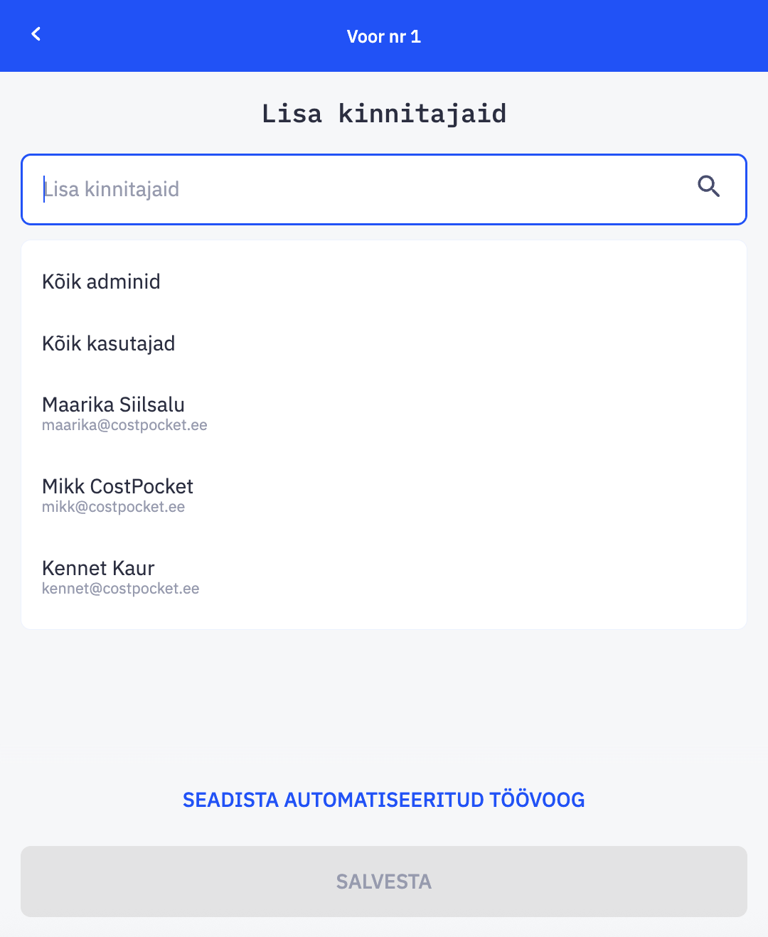 Kinnitusringi kasutajate lisamine seadistustes.