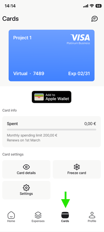 Card settings in Mynt app > Cards