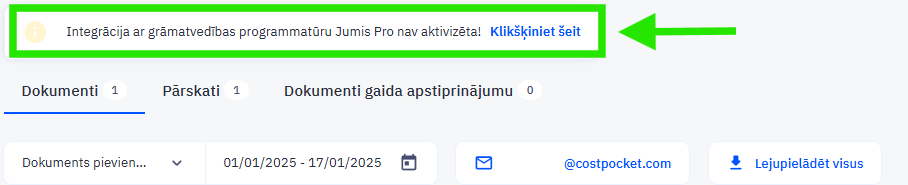 Integrācijas aktivizēšana CostPocket pusē