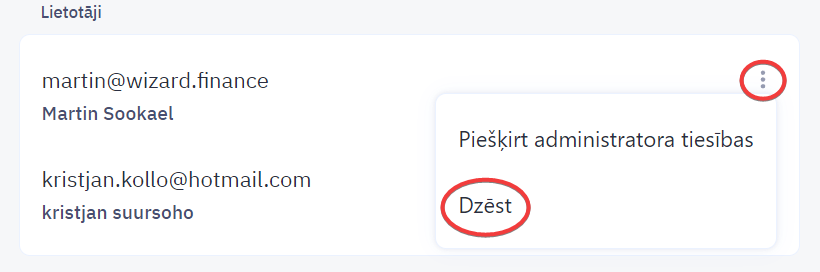 Lietotāju dzēšana izmantojot trīspunktes pogu
