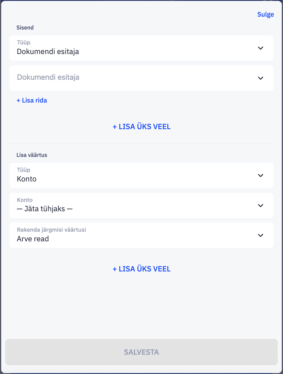 Kirjendamise reegli lisamise seadistuse vaade CostPocketis. Kirjendamise reegli lisamise seadistuse vaade CostPocketis.