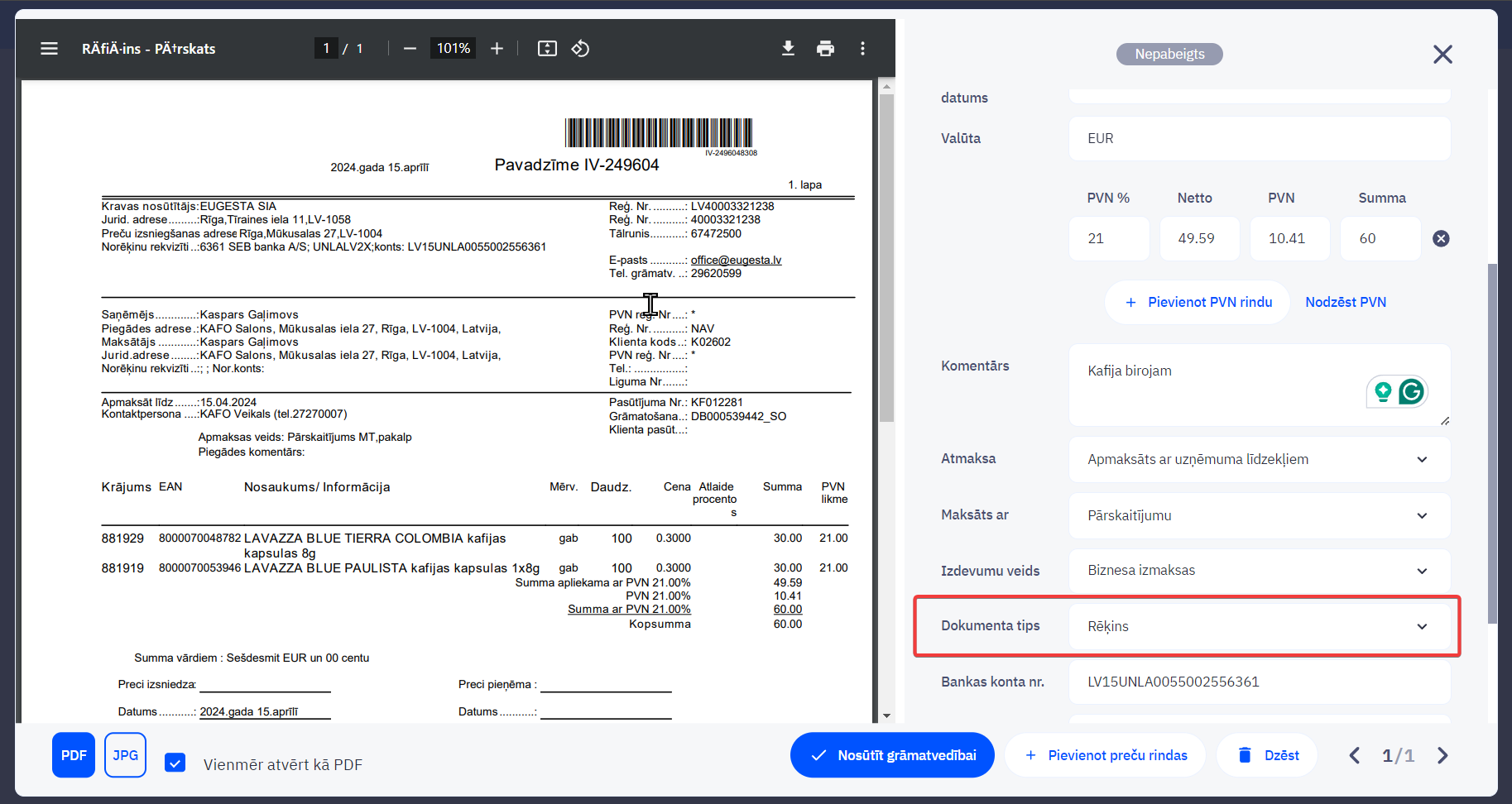 Rēķina digitalizēšanas skats CostPocket mākonī