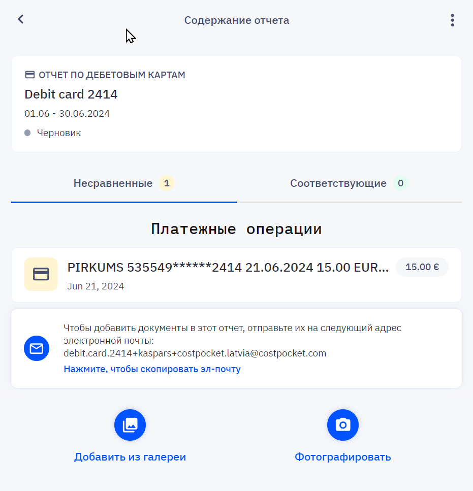 Отчет по платежным картам в CostPocket