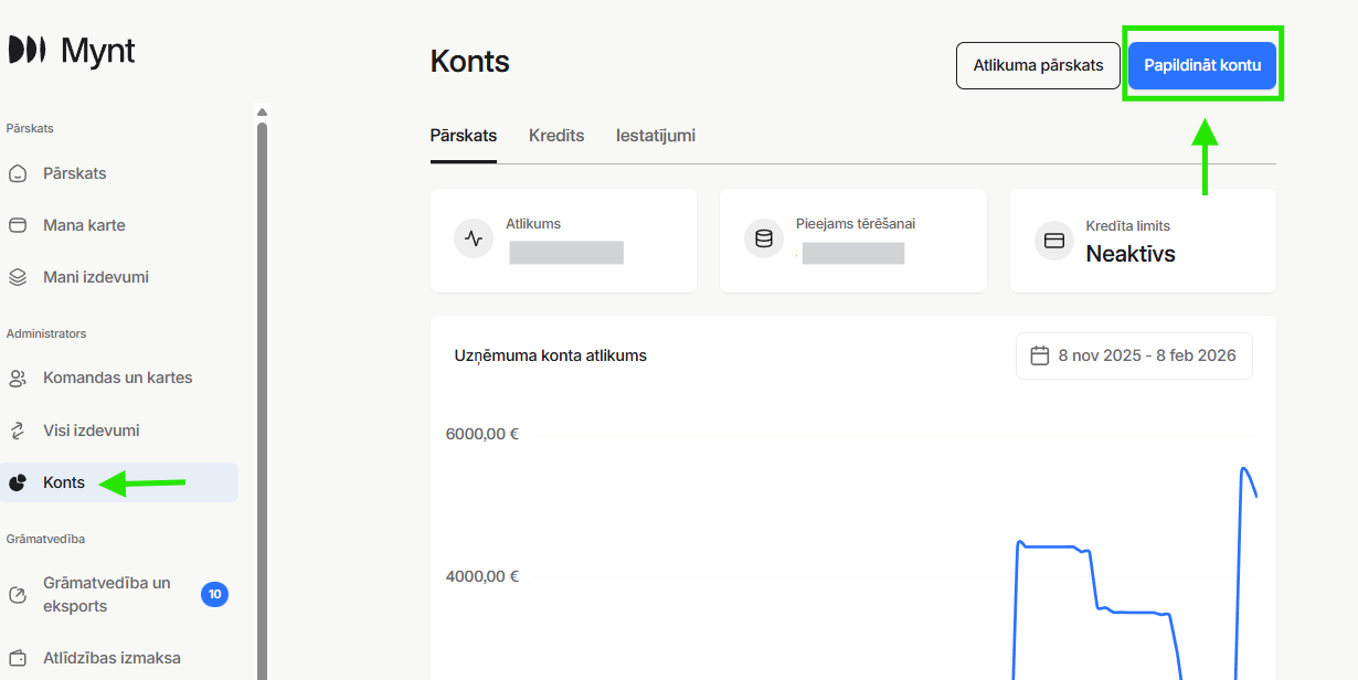 Papildini kontu Mynt > Konts > Papildināt kontu