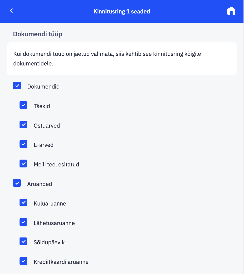 Nimekiri kinnitatavatest dokumendi tüüpidest.