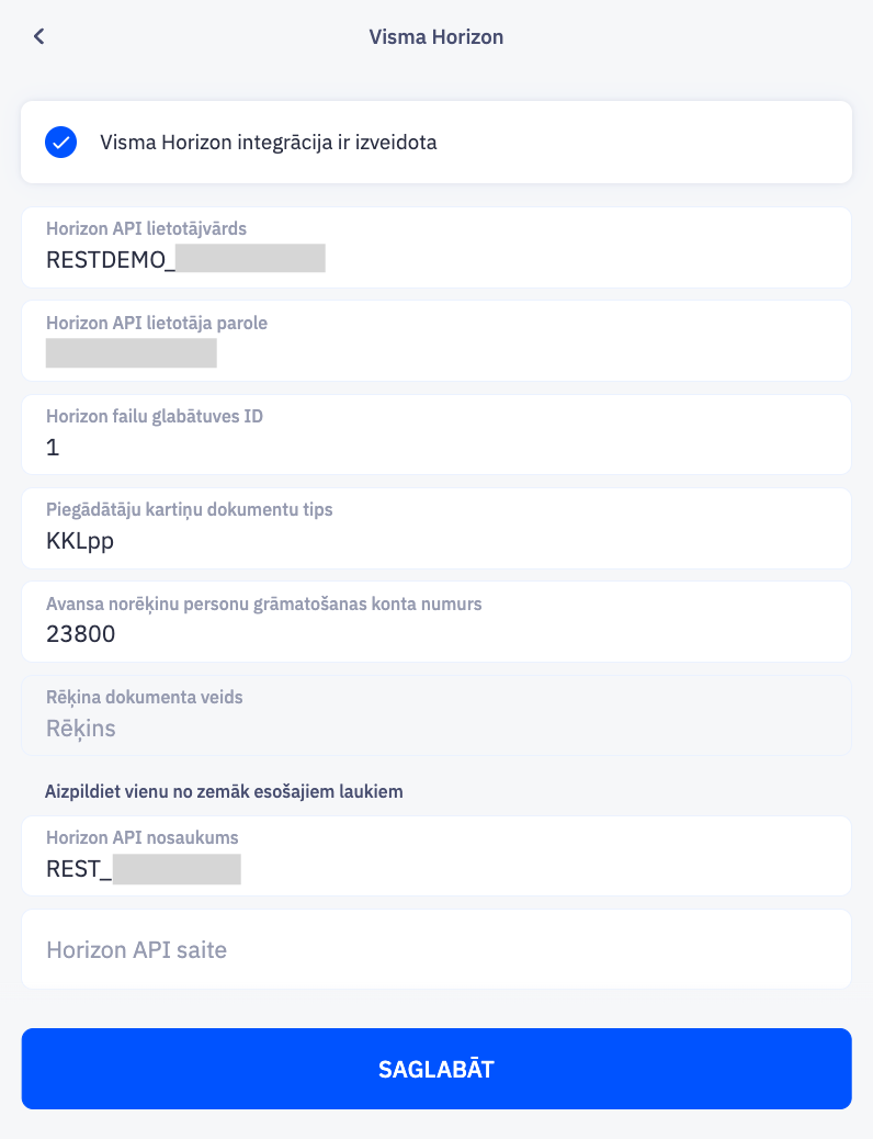 Horizon integrācijas dati
