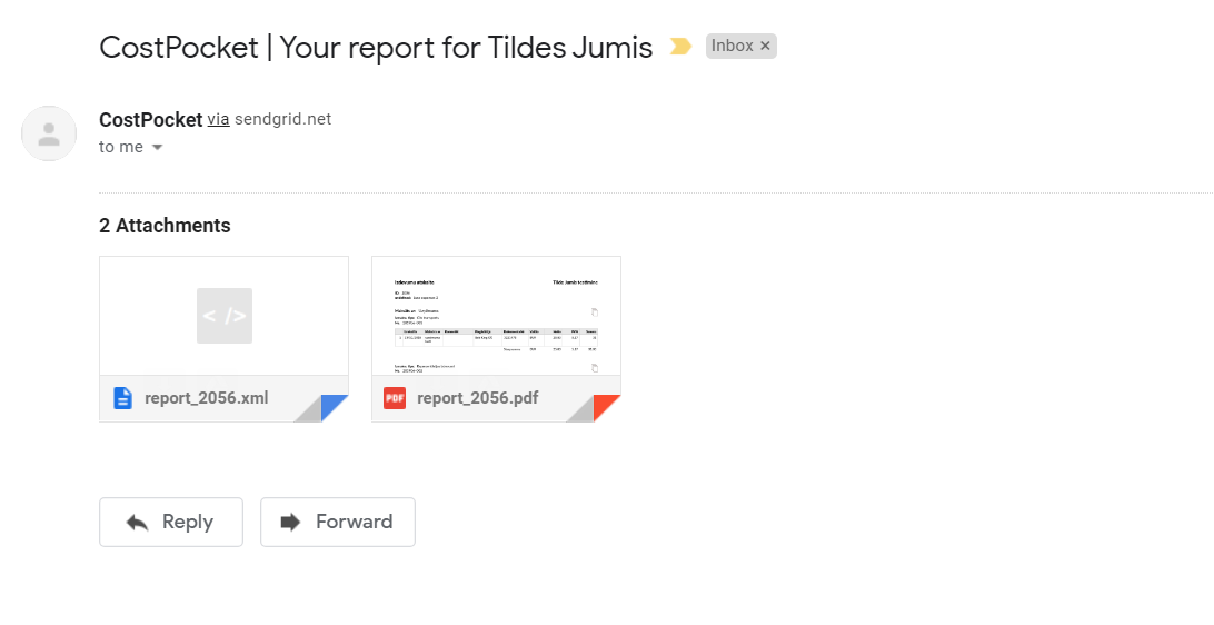 CostPocket Jums nosūtīs e-pastu ar sekojošiem dokumentiem