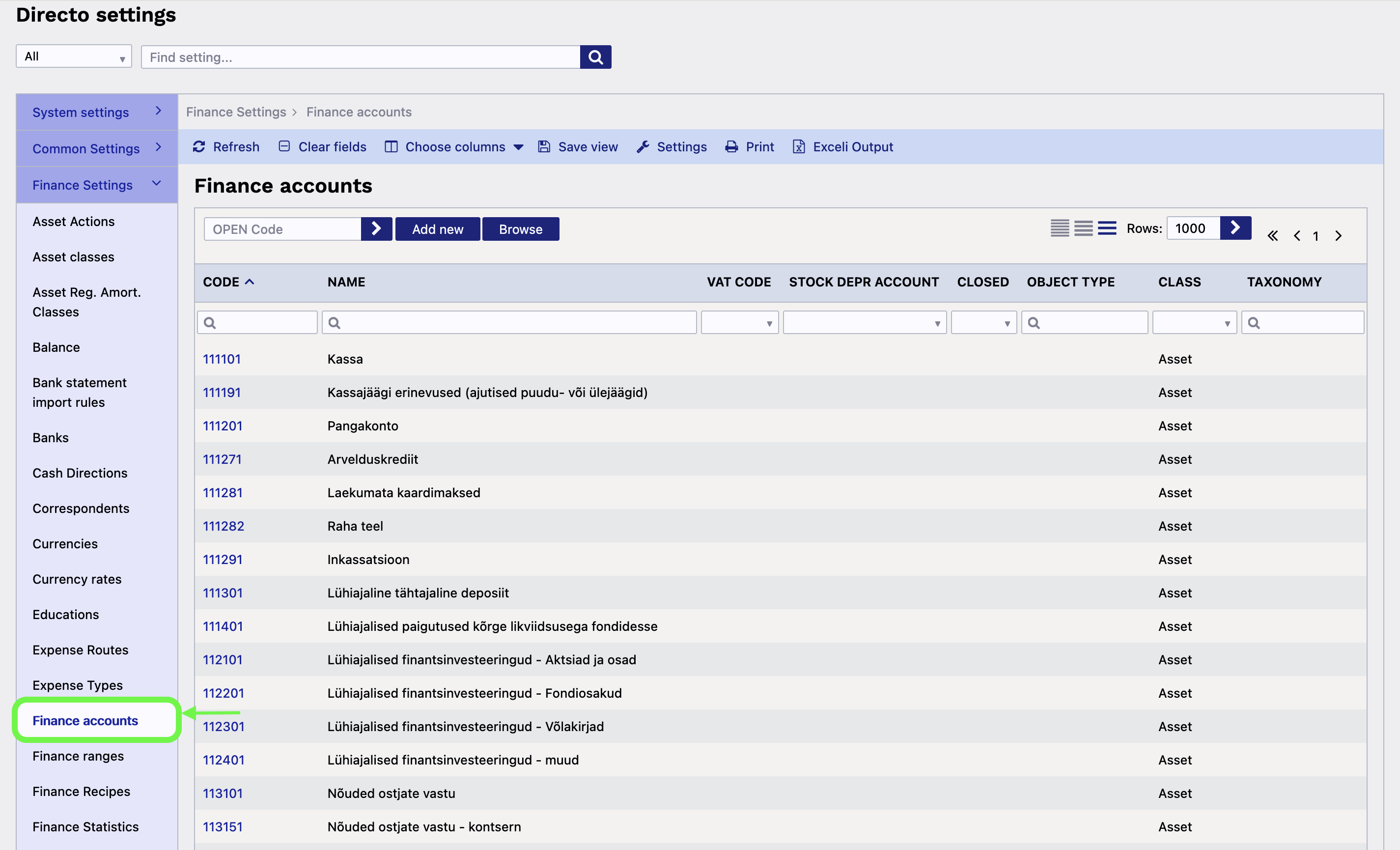 Finance accounts list in Directo software settings. Finance accounts list in Directo software settings.