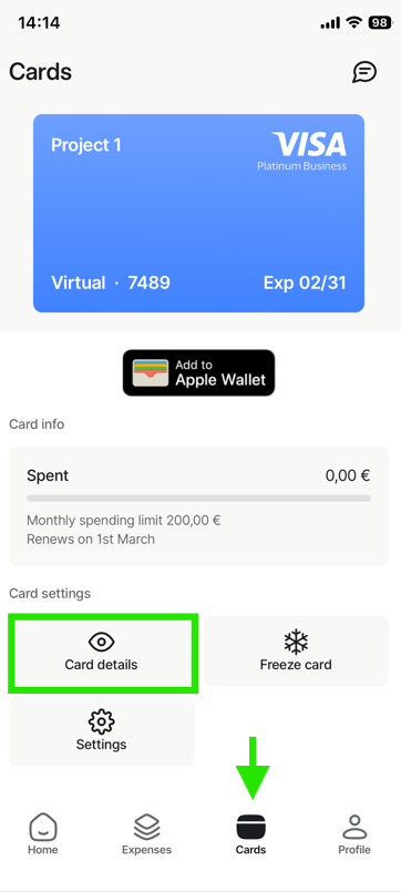 Card details in Mynt app (Cards > Card details)