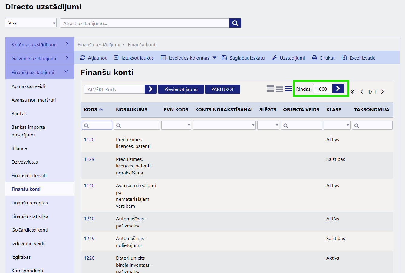 Directo finanšu konti: norādiet rindu skaitu Directo finanšu konti: norādiet rindu skaitu