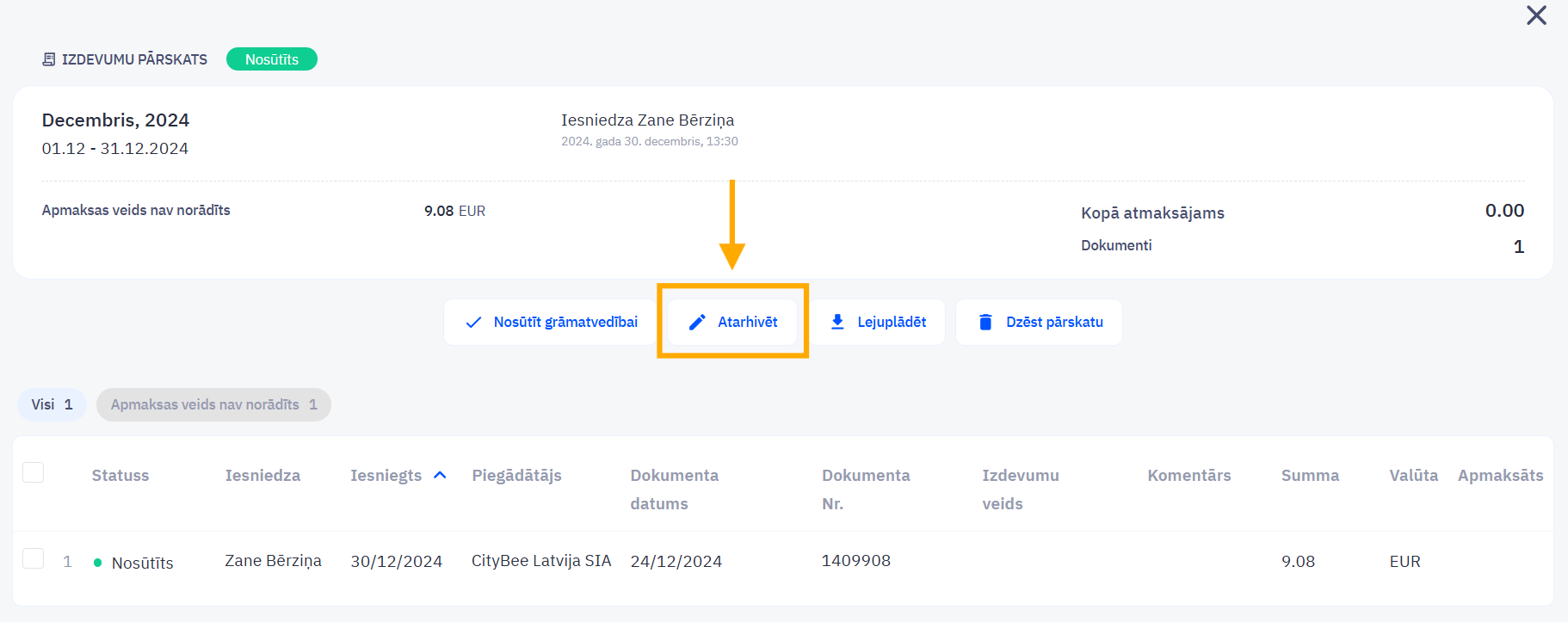 Atarhivēt izdevumu pārskatu poga