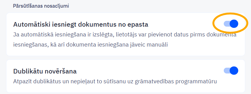 Automātiskās dokumentu pārsūtīšanas iestatījuma slēdzis