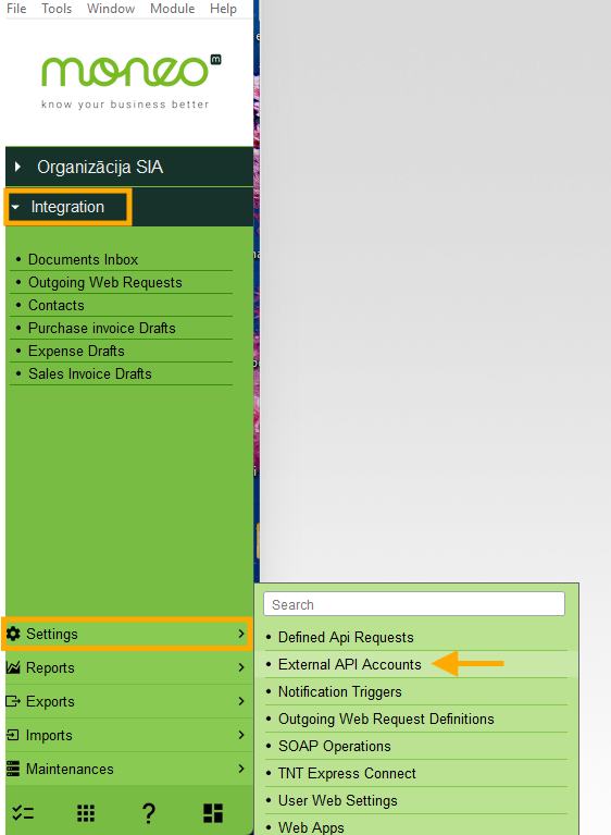 MONEO integration settings and adding external API accounts