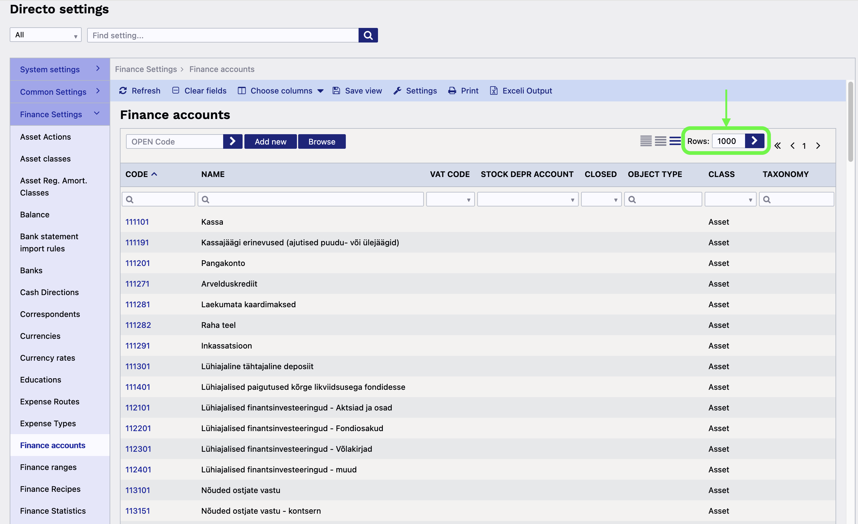 Finance accounts list row count in Directo. Finance accounts list row count in Directo.