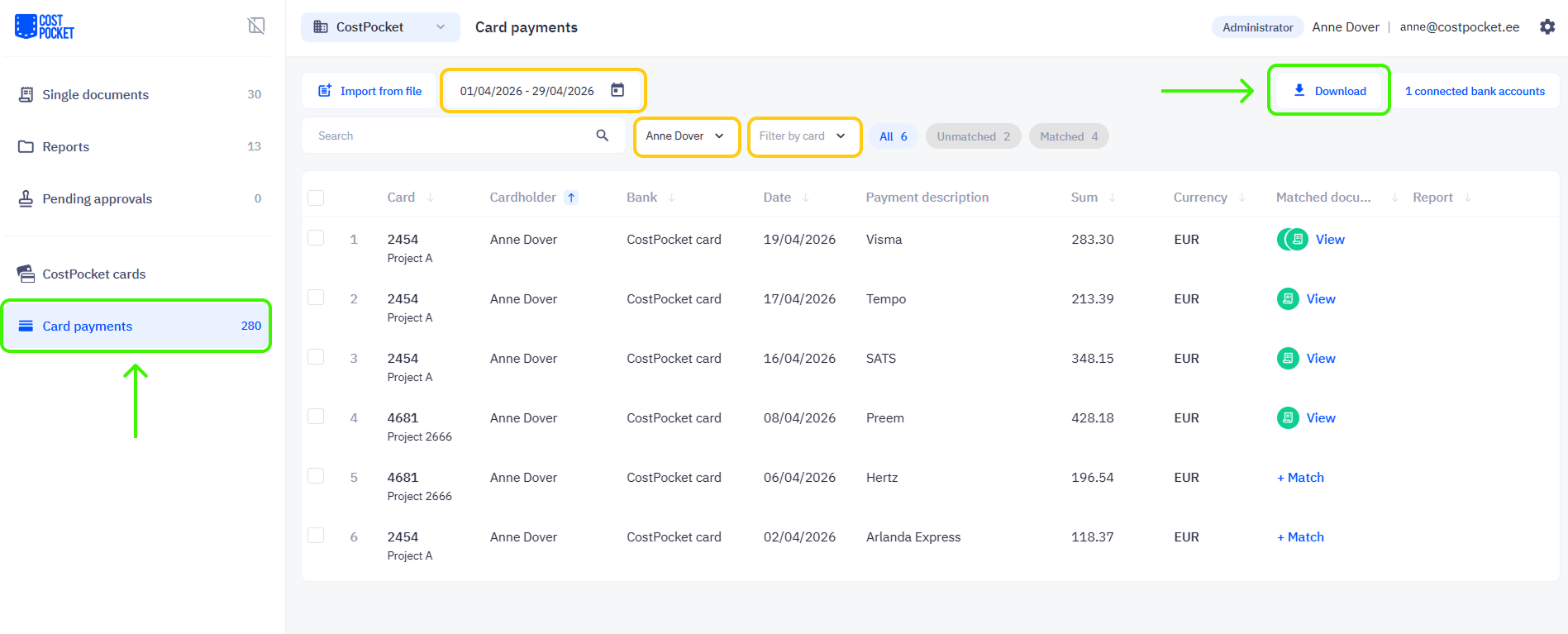 Download card transactions