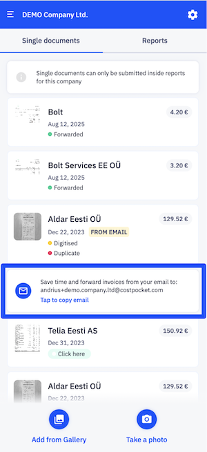 Find your dedicated CostPocket email in the app