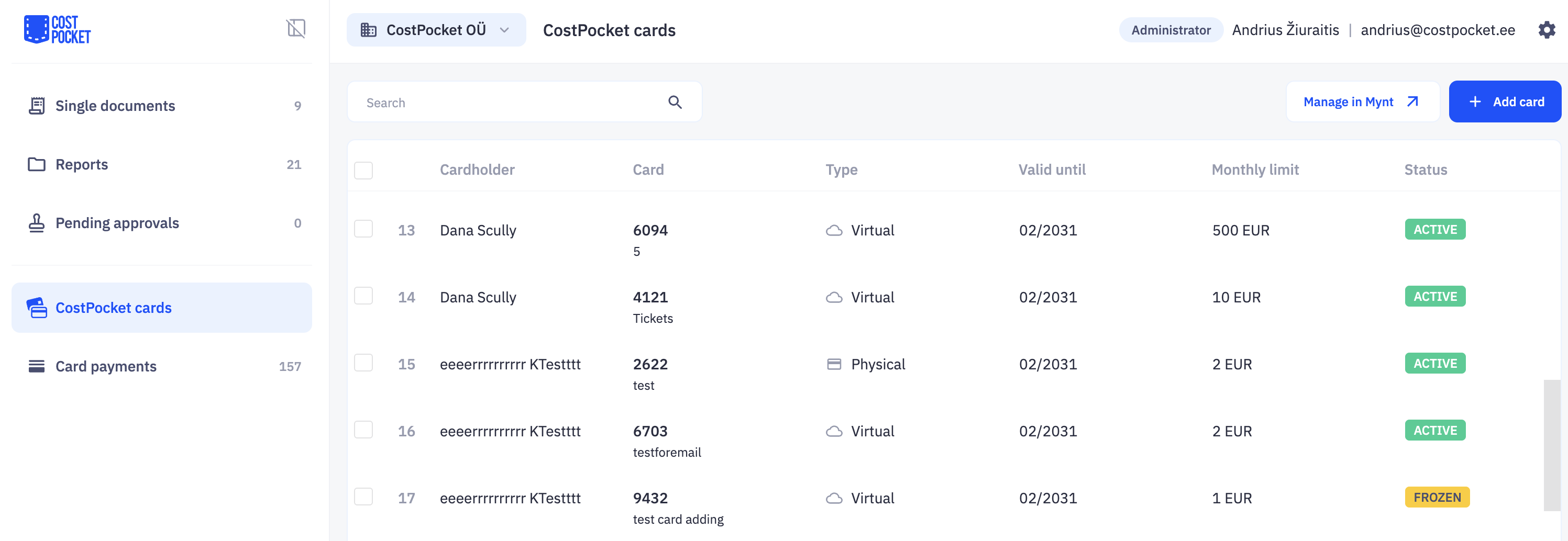 Card Manager view on Cloud environment