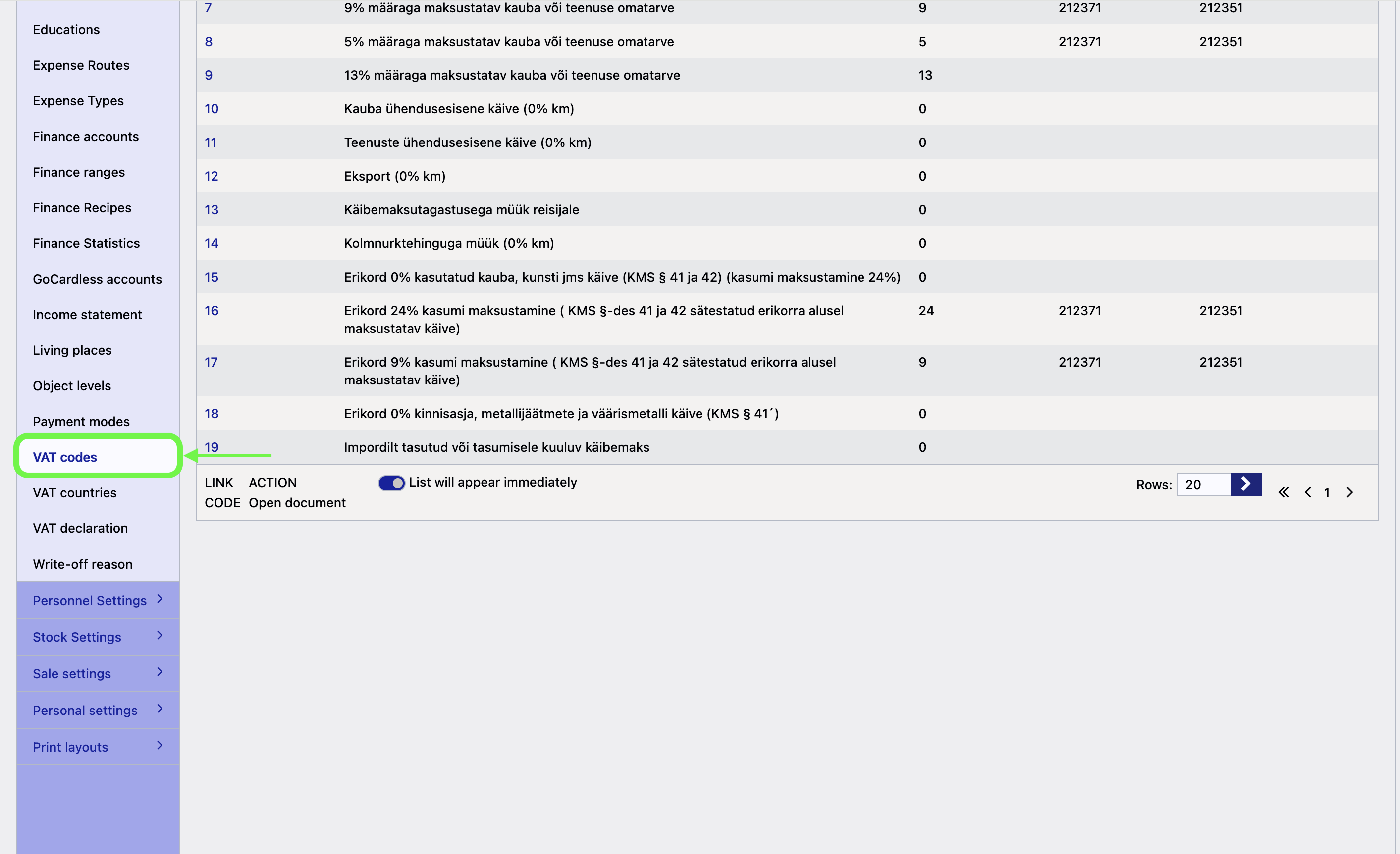 VAT codes list in Directo software settings. VAT codes list in Directo software settings.