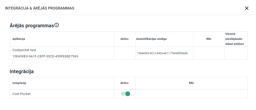 Briox CostPocket integrācijas aktivizēšana