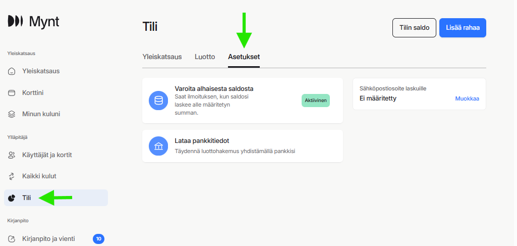 Mynt asetukset Mynt asetukset