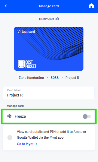 Freeze card in CostPocket app