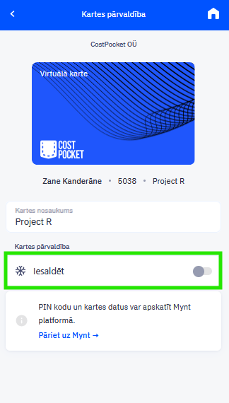 Kartes iesaldēšana CostPocket lietotnē